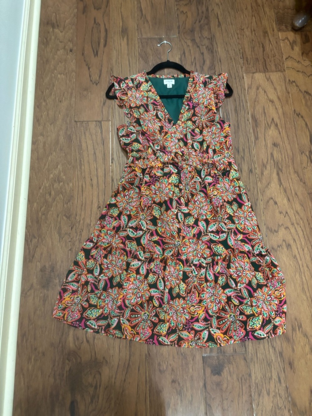 J. Crew Paisley Midi Dress ruffle tired summer boho size 2 Green red pink fun - Picture 10 of 14